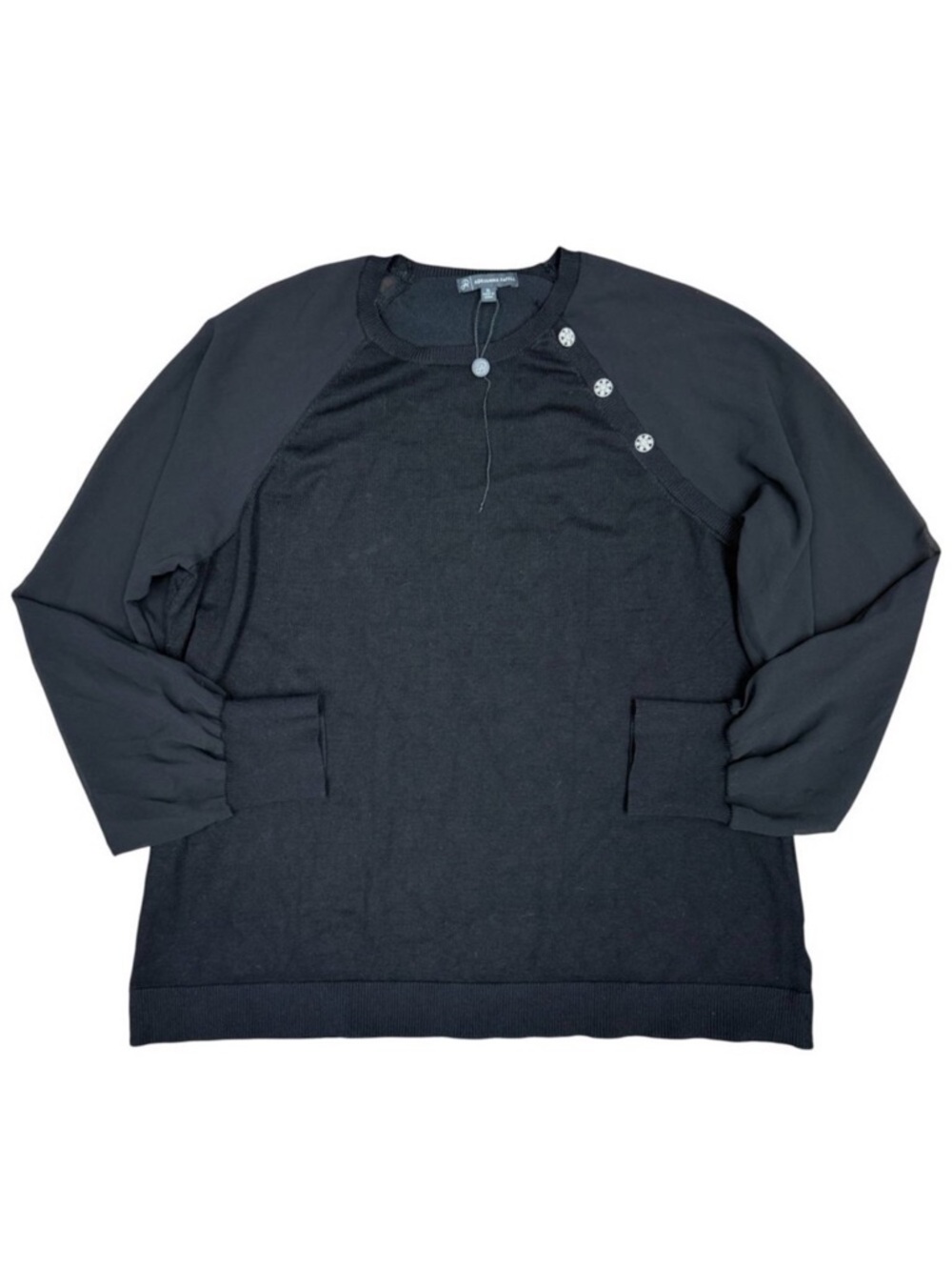 ADRIANNA PAPELL Raglan Sheer Sleeve Crewneck Sweater Black | Size XL
